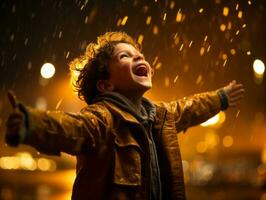Carefree child joyfully dances in the refreshing rain AI Generative photo