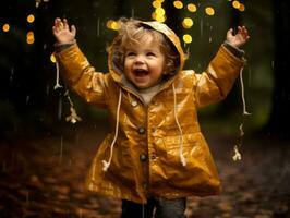 Carefree child joyfully dances in the refreshing rain AI Generative photo