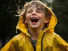 Carefree child joyfully dances in the refreshing rain AI Generative photo