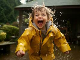 Carefree child joyfully dances in the refreshing rain AI Generative photo