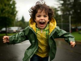 Carefree child joyfully dances in the refreshing rain AI Generative photo