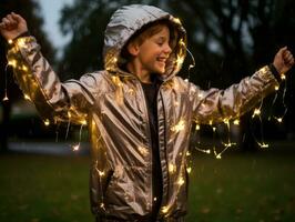 Carefree child joyfully dances in the refreshing rain AI Generative photo