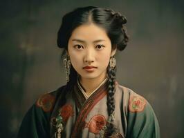 un antiguo de colores fotografía de un asiático mujer desde el temprano 1900 ai generativo foto
