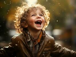 Carefree child joyfully dances in the refreshing rain AI Generative photo