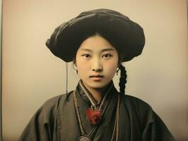 An old colored photograph of a asian woman from the early 1900s AI Generative photo