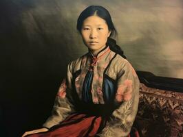 un antiguo de colores fotografía de un asiático mujer desde el temprano 1900 ai generativo foto