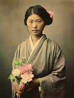 An old colored photograph of a asian woman from the early 1900s AI Generative photo