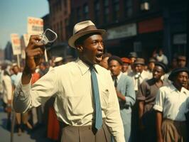 histórico de colores foto de un hombre líder un protesta ai generativo