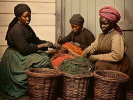 histórico de colores foto de un mujeres diario trabajo en el pasado ai generativo