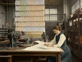 histórico de colores foto de un mujeres diario trabajo en el pasado ai generativo