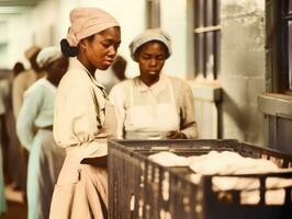 histórico de colores foto de un mujeres diario trabajo en el pasado ai generativo