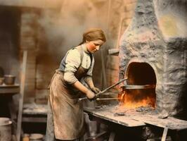 histórico de colores foto de un mujeres diario trabajo en el pasado ai generativo