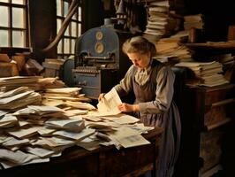 histórico de colores foto de un mujeres diario trabajo en el pasado ai generativo