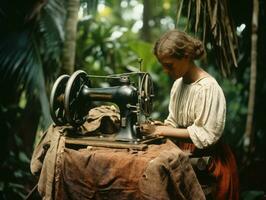 Historic colored photo of a womans daily work in the past AI Generative