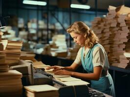 histórico de colores foto de un mujeres diario trabajo en el pasado ai generativo