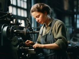 histórico de colores foto de un mujeres diario trabajo en el pasado ai generativo