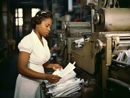 histórico de colores foto de un mujeres diario trabajo en el pasado ai generativo