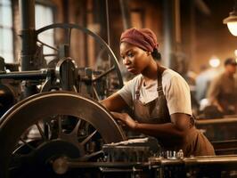 histórico de colores foto de un mujeres diario trabajo en el pasado ai generativo