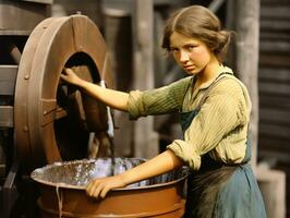 histórico de colores foto de un mujeres diario trabajo en el pasado ai generativo