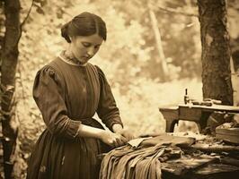 histórico de colores foto de un mujeres diario trabajo en el pasado ai generativo