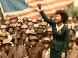 histórico de colores foto de un mujer líder un protesta ai generativo