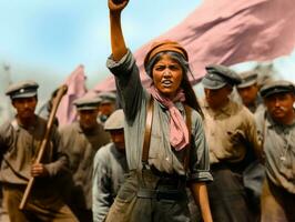 histórico de colores foto de un mujer líder un protesta ai generativo