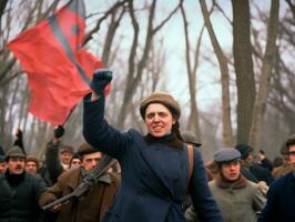 histórico de colores foto de un mujer líder un protesta ai generativo