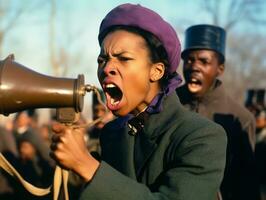 histórico de colores foto de un mujer líder un protesta ai generativo