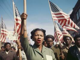 histórico de colores foto de un mujer líder un protesta ai generativo