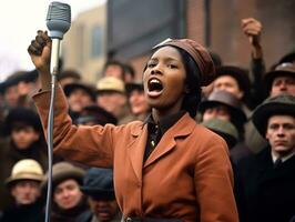 histórico de colores foto de un mujer líder un protesta ai generativo