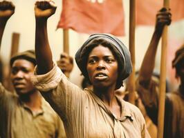 histórico de colores foto de un mujer líder un protesta ai generativo