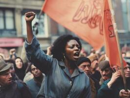 histórico de colores foto de un mujer líder un protesta ai generativo