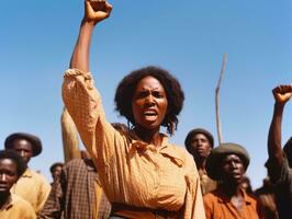 histórico de colores foto de un mujer líder un protesta ai generativo