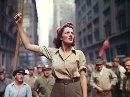 histórico de colores foto de un mujer líder un protesta ai generativo