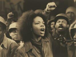histórico de colores foto de un mujer líder un protesta ai generativo