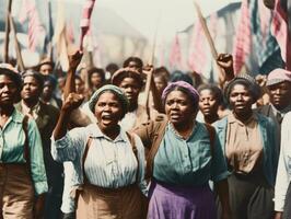 histórico de colores foto de un mujer líder un protesta ai generativo