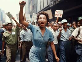 histórico de colores foto de un mujer líder un protesta ai generativo