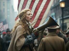 histórico de colores foto de un mujer líder un protesta ai generativo