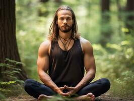Man meditating in the bosom of nature AI Generative photo
