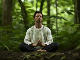 hombre meditando en el seno de naturaleza ai generativo foto