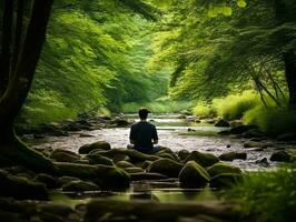 hombre meditando en el seno de naturaleza ai generativo foto