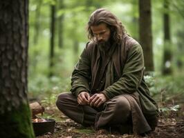 hombre meditando en el seno de naturaleza ai generativo foto