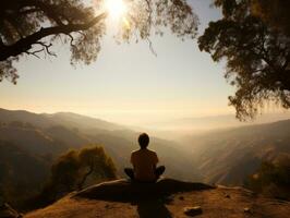 hombre meditando en el seno de naturaleza ai generativo foto