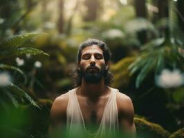 Man meditating in the bosom of nature AI Generative photo