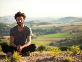 hombre meditando en el seno de naturaleza ai generativo foto