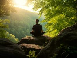 hombre meditando en el seno de naturaleza ai generativo foto