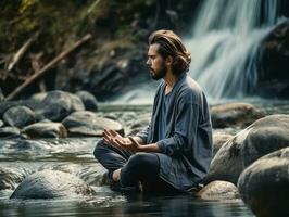 hombre meditando en el seno de naturaleza ai generativo foto