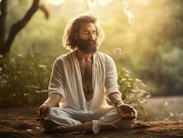 Man meditating in the bosom of nature AI Generative photo