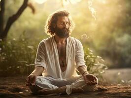 hombre meditando en el seno de naturaleza ai generativo foto