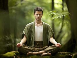 hombre meditando en el seno de naturaleza ai generativo foto